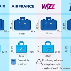 Wymiary bagażu podręcznego 10kg dla Ryanair, Air France, Wizz Air i LOT. Porównanie rozmiarów walizek i toreb.