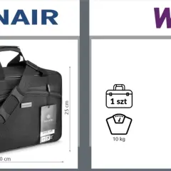 Torba podróżna Ryanair (40x25x20 cm, bez limitu wagi) i plecak Wizz Air (30x40x20 cm, 10 kg).