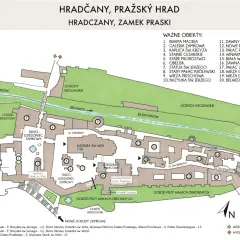 Mapa Hradčan, praskiego zamku, z zaznaczonymi obiektami i trasami zwiedzania.