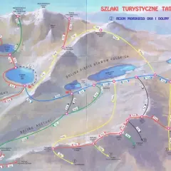 Mapa szlaków Tatr. Czas dojścia do Doliny Pięciu Stawów zależy od wybranej trasy, np. z Morskiego Oka 1 i 1/3 godziny.