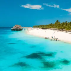 Zanzibar w lutym: słoneczna plaża, turkusowa woda, palmy i drewniany pomost. Idealna pogoda na wakacje.