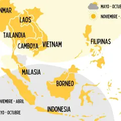 Mapa Azji Południowo-Wschodniej z zaznaczonymi krajami: Wietnam, Tajlandia, Kambodża, Laos, Mjanma, Malezja, Filipiny, Borneo, Indonezja. Podano pory roku dla pogody.