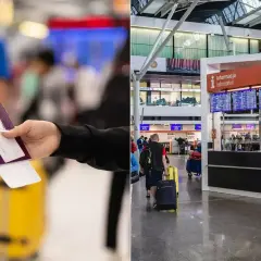 Ręka trzyma paszport i kartę pokładową, gotowa do podróży. W tle tablica odlotów i inni pasażerowie, wszystko na lotnisku krok po kroku.