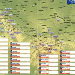 Mapa przedstawia korona gór polskich z zaznaczonymi szczytami i ich wysokościami.