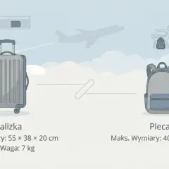 Walizka kabinowa wymiary: 55x38x20 cm, waga 7 kg. Obok plecak 40x30x15 cm. W tle samolot i siedzenie.