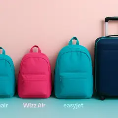Trzy kolorowe plecaki i granatowa walizka na kółkach z napisem LOT. Idealny bagaż podręczny i torebka lot na każdą podróż.