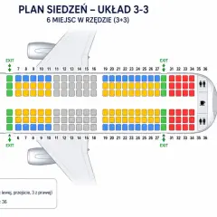 Plan siedzeń samolotu 3-3. Kolory oznaczają: zielony - wyjścia awaryjne, fioletowy - przód, żółty - przejście, niebieski - okno, szary - nad skrzydłami, czerwony - tył.