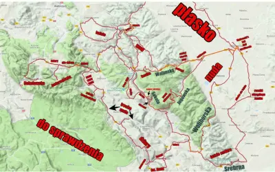 Trasa rowerowa przez **park krajobrazowy Gór Sowich**. Mapa z zaznaczonymi atrakcjami, trudnościami i opiniami: "super stromo", "trochę nuda", "dziury".