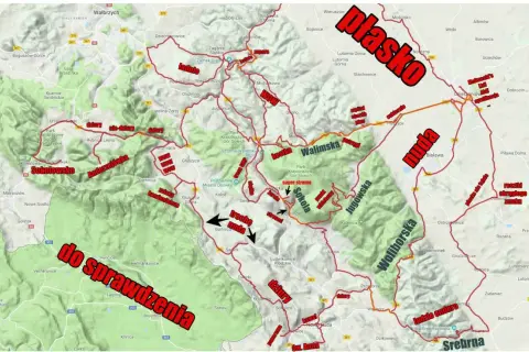 Trasa rowerowa przez **park krajobrazowy Gór Sowich**. Mapa z zaznaczonymi atrakcjami, trudnościami i opiniami: "super stromo", "trochę nuda", "dziury".