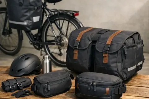 Rowerzysta wybiera, jakie sakwy rowerowe zabrać na wyprawę. Obok roweru leżą czarne torby, kask i bidon.