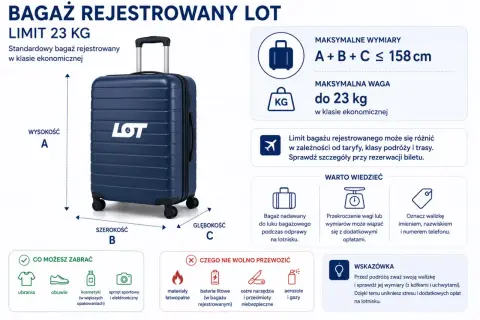 Bagaż rejestrowany LOT: wymiary do 158 cm (A+B+C), waga do 23 kg. Sprawdź wymiary bagażu przed podróżą.
