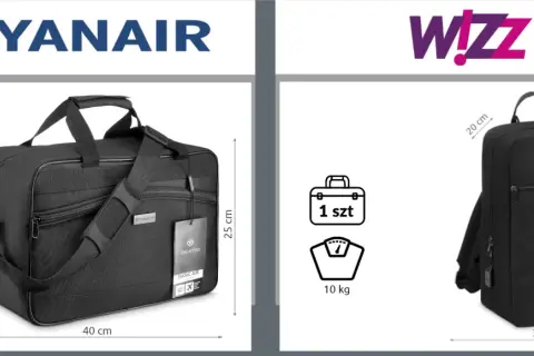 Torba podróżna Ryanair (40x25x20 cm, bez limitu wagi) i plecak Wizz Air (30x40x20 cm, 10 kg).
