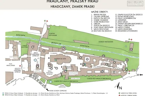 Mapa Hradčan, praskiego zamku, z zaznaczonymi obiektami i trasami zwiedzania.