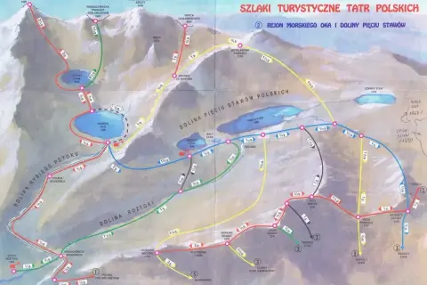 Mapa szlaków Tatr. Czas dojścia do Doliny Pięciu Stawów zależy od wybranej trasy, np. z Morskiego Oka 1 i 1/3 godziny.