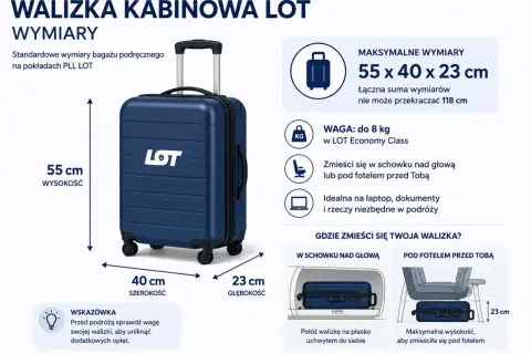 Jaka walizka do samolotu? Granatowa kabinowa LOT 55x40x23 cm, do 8 kg. Zmieści się nad głową lub pod fotelem.