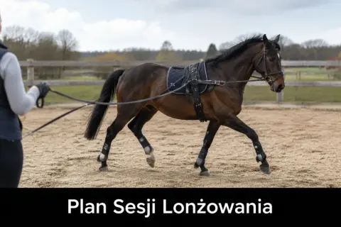 Trenerka prowadzi konia na lonży na piaskowej ujeżdżalni. Lonża to długi, elastyczny pas, który pozwala koniowi poruszać się po okręgu.