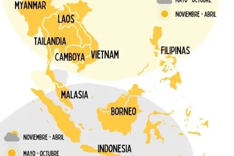 Mapa Azji Południowo-Wschodniej z zaznaczonymi krajami: Wietnam, Tajlandia, Kambodża, Laos, Mjanma, Malezja, Filipiny, Borneo, Indonezja. Podano pory roku dla pogody.