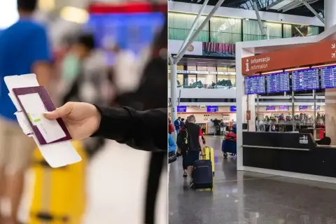 Ręka trzyma paszport i kartę pokładową, gotowa do podróży. W tle tablica odlotów i inni pasażerowie, wszystko na lotnisku krok po kroku.