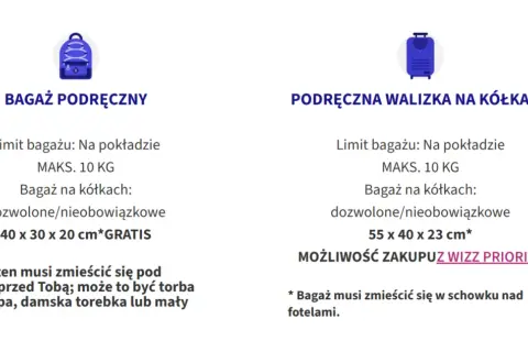 Iberia bagaż podręczny: plecak 40x30x20 cm gratis, walizka 55x40x23 cm za dopłatą. Oba do 10 kg.
