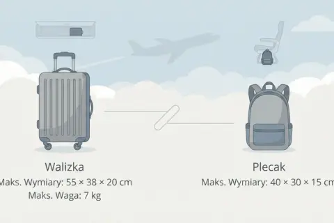 Walizka kabinowa wymiary: 55x38x20 cm, waga 7 kg. Obok plecak 40x30x15 cm. W tle samolot i siedzenie.