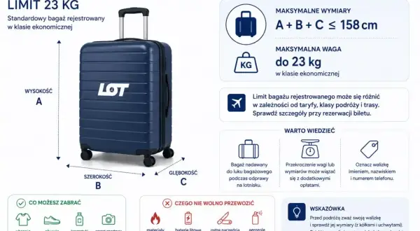 Granatowa walizka LOT z logo, limit bagażu rejestrowanego 23 kg, wymiary A+B+C ≤ 158 cm.