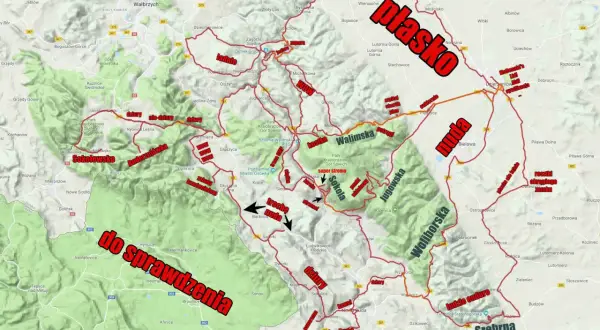 Trasa rowerowa przez **park krajobrazowy Gór Sowich**. Mapa z zaznaczonymi atrakcjami, trudnościami i opiniami: "super stromo", "trochę nuda", "dziury".
