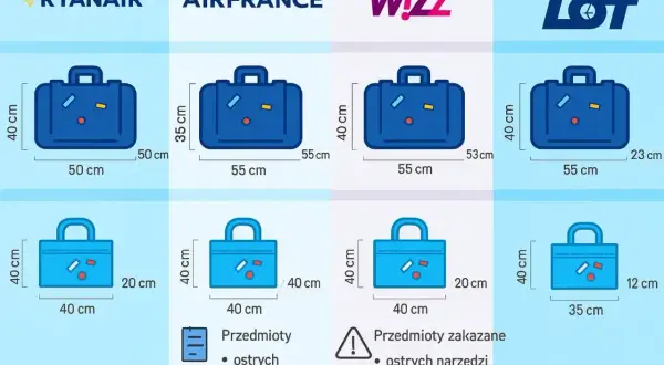 Wymiary bagażu podręcznego 10kg dla Ryanair, Air France, Wizz Air i LOT. Porównanie rozmiarów walizek i toreb.