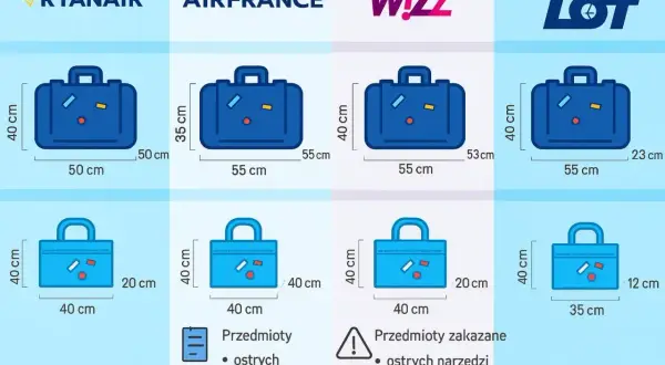 Wymiary bagażu podręcznego Air France: 55x40x20 cm. Porównanie z innymi liniami lotniczymi.