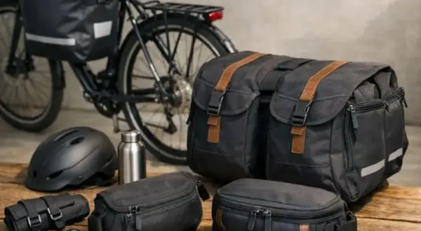 Rowerzysta wybiera, jakie sakwy rowerowe zabrać na wyprawę. Obok roweru leżą czarne torby, kask i bidon.