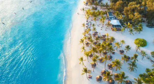 Rajska plaża na Zanzibarze z turkusową wodą, białym piaskiem, palmami i leżakami. Idealne miejsce, kiedy na Zanzibar.