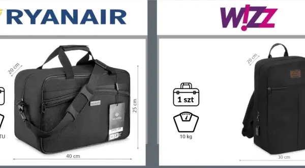 Torba podróżna Ryanair (40x25x20 cm, bez limitu wagi) i plecak Wizz Air (30x40x20 cm, 10 kg).