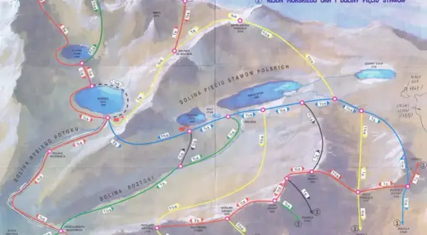 Mapa szlaków Tatr. Czas dojścia do Doliny Pięciu Stawów zależy od wybranej trasy, np. z Morskiego Oka 1 i 1/3 godziny.