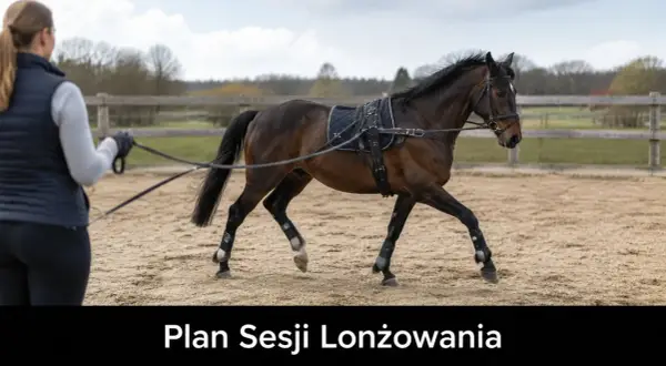 Trenerka prowadzi konia na lonży na piaskowej ujeżdżalni. Lonża to długi, elastyczny pas, który pozwala koniowi poruszać się po okręgu.