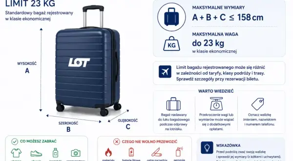 Granatowa walizka LOT z logo, limit 23 kg. To Twój przedmiot osobisty na lot.