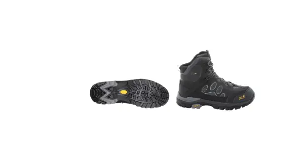 Czarne buty trekkingowe Jack Wolfskin z membraną Texapore. Podeszwa Vibram zapewnia przyczepność.