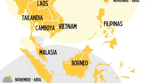 Mapa Azji Południowo-Wschodniej z zaznaczonymi krajami: Wietnam, Tajlandia, Kambodża, Laos, Mjanma, Malezja, Filipiny, Borneo, Indonezja. Podano pory roku dla pogody.