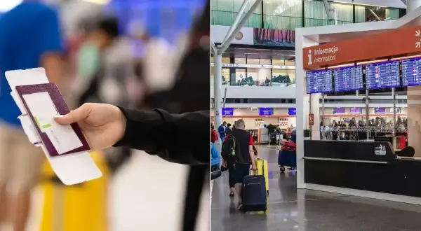 Ręka trzyma paszport i kartę pokładową, gotowa do podróży. W tle tablica odlotów i inni pasażerowie, wszystko na lotnisku krok po kroku.