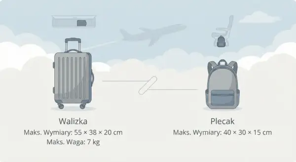 Walizka kabinowa wymiary: 55x38x20 cm, waga 7 kg. Obok plecak 40x30x15 cm. W tle samolot i siedzenie.