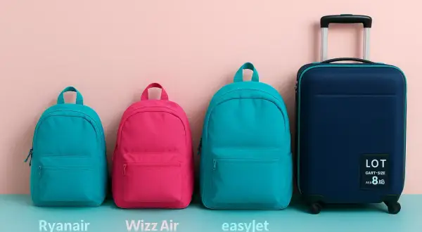 Trzy kolorowe plecaki i granatowa walizka na kółkach z napisem LOT. Idealny bagaż podręczny i torebka lot na każdą podróż.