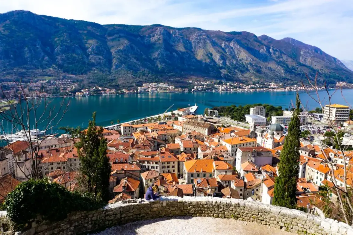 Widok na zatokę Kotorską i miasto z czerwonymi dachami. Warto zobaczyć Kotor, malownicze miasteczko w Czarnogórze.