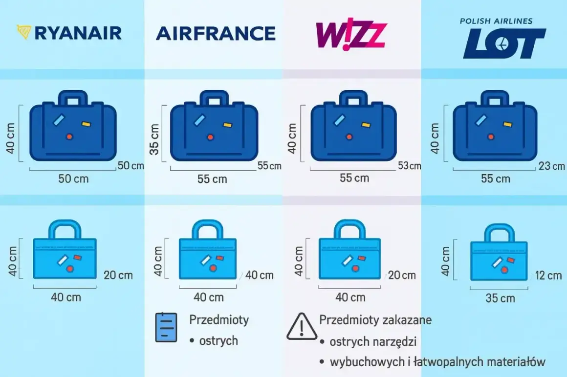 Wymiary bagażu podręcznego 10kg dla Ryanair, Air France, Wizz Air i LOT. Porównanie rozmiarów walizek i toreb.