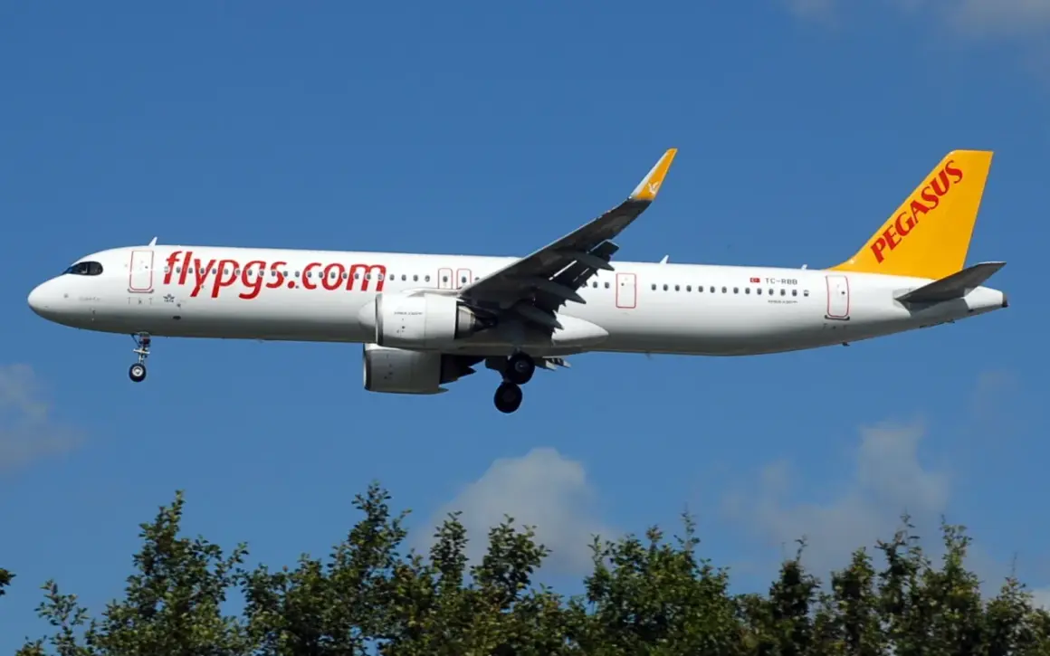 Samolot Pegasus Airlines z napisem "flypgs.com" na kadłubie, gotowy do lądowania. W bagażniku rejestrowanym czeka na pasażerów.