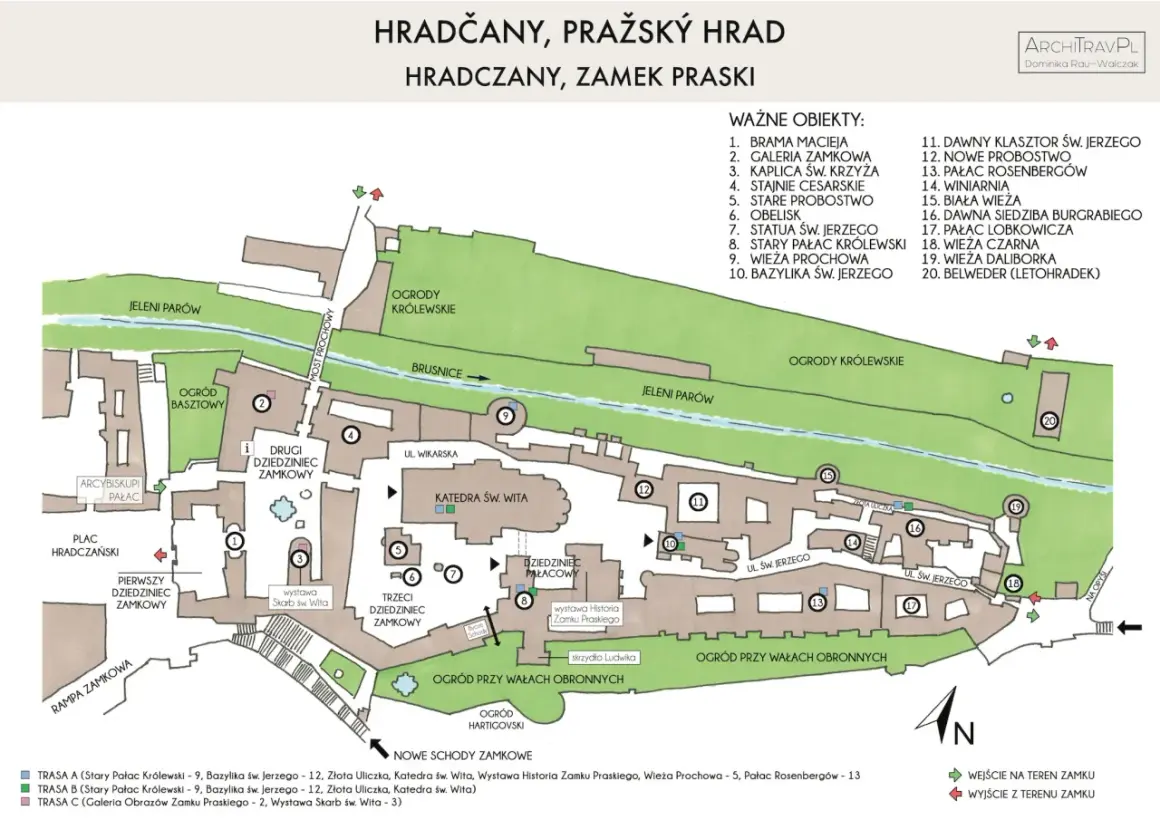 Mapa Hradčan, praskiego zamku, z zaznaczonymi obiektami i trasami zwiedzania.