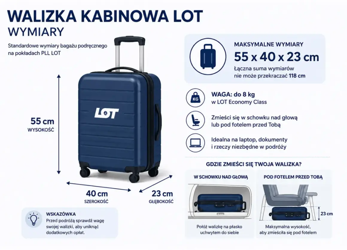 Jaka walizka do samolotu? Granatowa kabinowa LOT 55x40x23 cm, do 8 kg. Zmieści się nad głową lub pod fotelem.