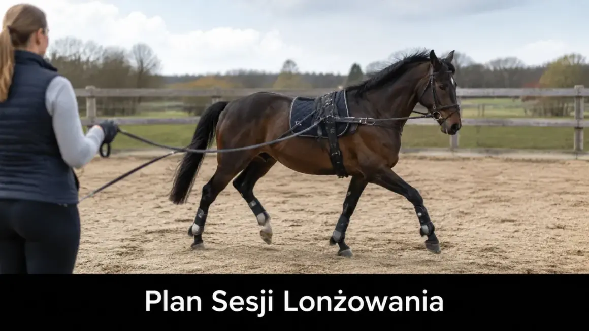 Trenerka prowadzi konia na lonży na piaskowej ujeżdżalni. Lonża to długi, elastyczny pas, który pozwala koniowi poruszać się po okręgu.