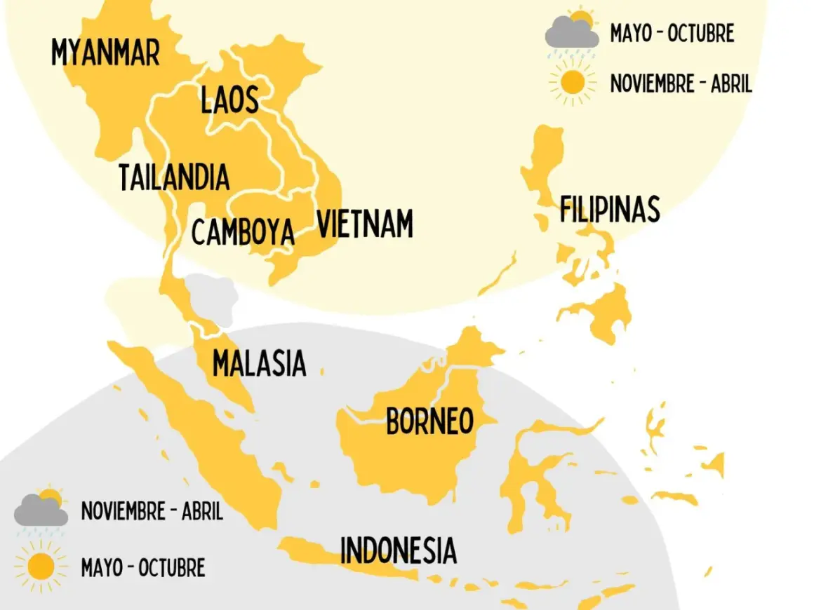 Mapa Azji Południowo-Wschodniej z zaznaczonymi krajami: Wietnam, Tajlandia, Kambodża, Laos, Mjanma, Malezja, Filipiny, Borneo, Indonezja. Podano pory roku dla pogody.