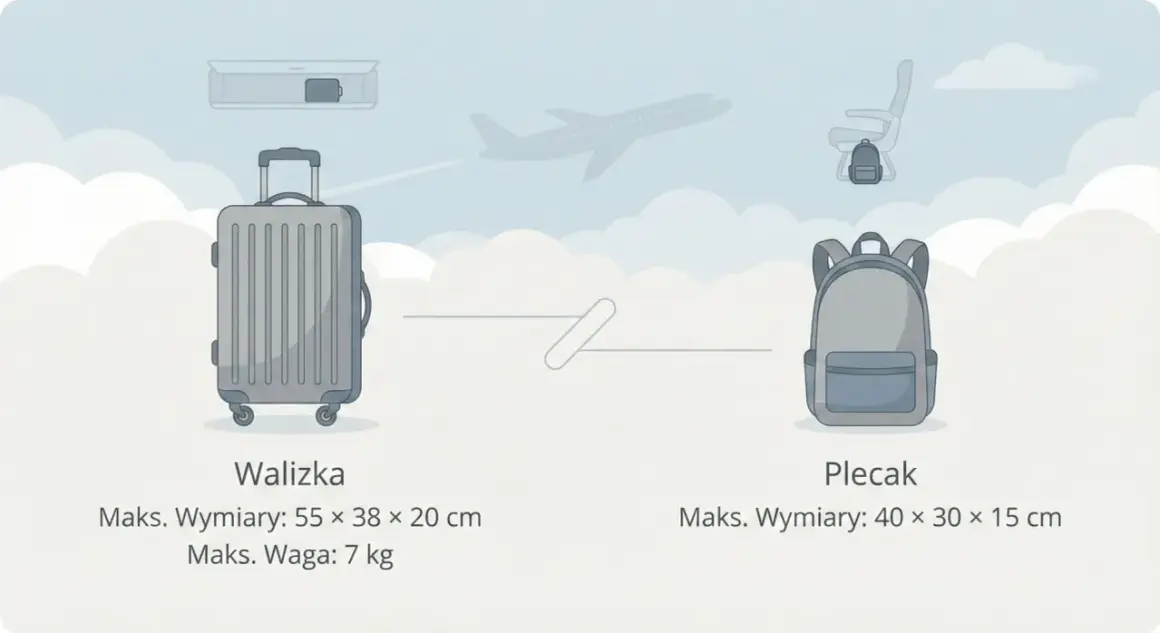 Walizka kabinowa wymiary: 55x38x20 cm, waga 7 kg. Obok plecak 40x30x15 cm. W tle samolot i siedzenie.