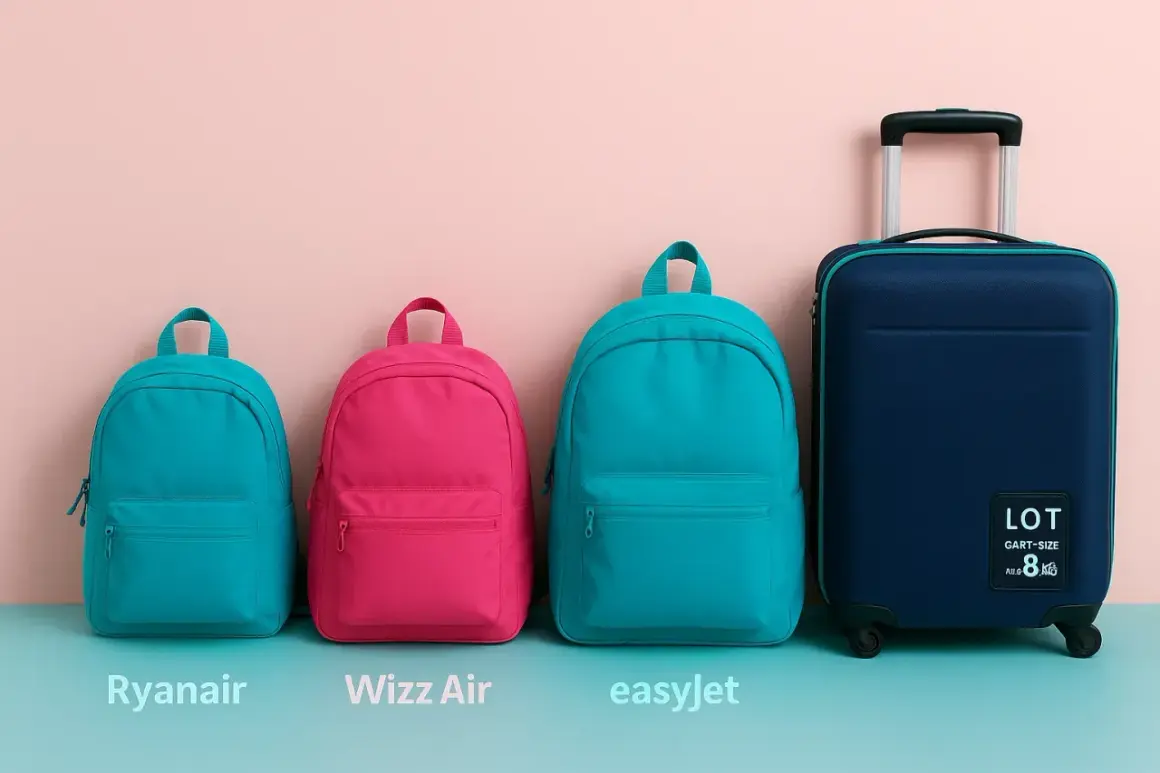 Trzy kolorowe plecaki i granatowa walizka na kółkach z napisem LOT. Idealny bagaż podręczny i torebka lot na każdą podróż.
