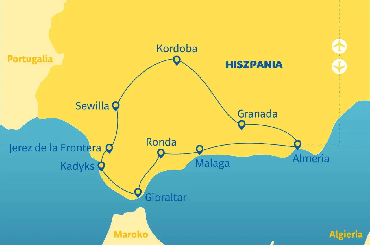 Mapa turystyczna pokazuje trasę przez miasta w Andaluzji: Kordobę, Sewillę, Granadę, Malagę, Rondę, Kadyks, Almerię i Jerez de la Frontera.