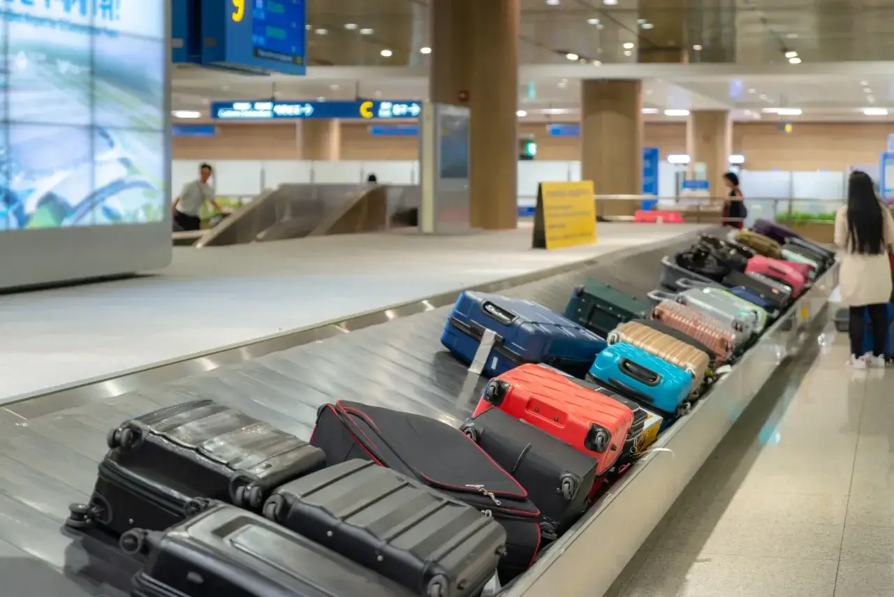 Bagaż rejestrowany Pegasus Airlines na taśmie bagażowej. Kolorowe walizki czekają na odbi&oacute;r po podr&oacute;ży.